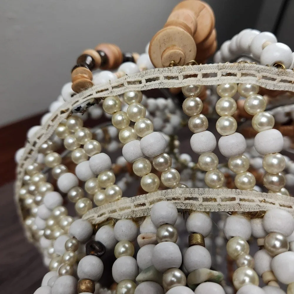 Vintage Boho Beaded Pendant Light Swag Lamp Wood Seashell Handcrafted Coastal‎